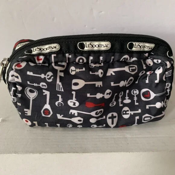 LESPORTSAC 2 SMALL BAGS POUCHES COSMETIC BAGS BLACK KEY PATTERN - Picture 6 of 10